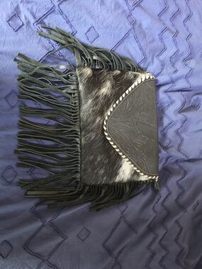 Fringed Black Leather & Cowhide Crossbody Bag